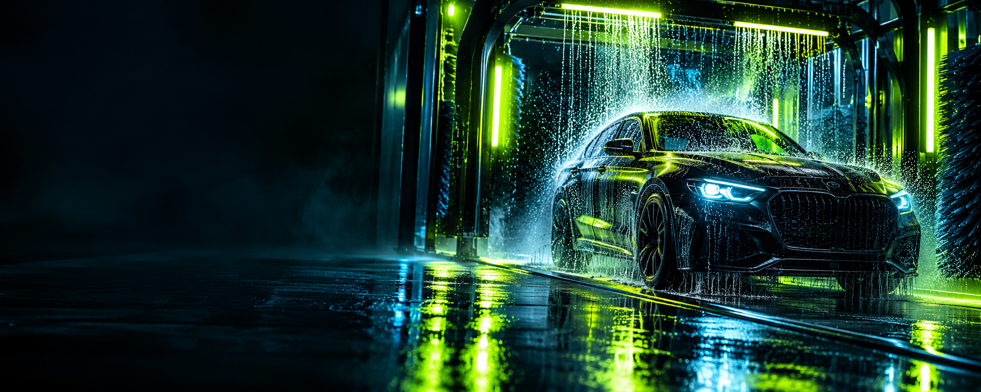 Fiktiver Carwash mit Neonlicht und Wasser