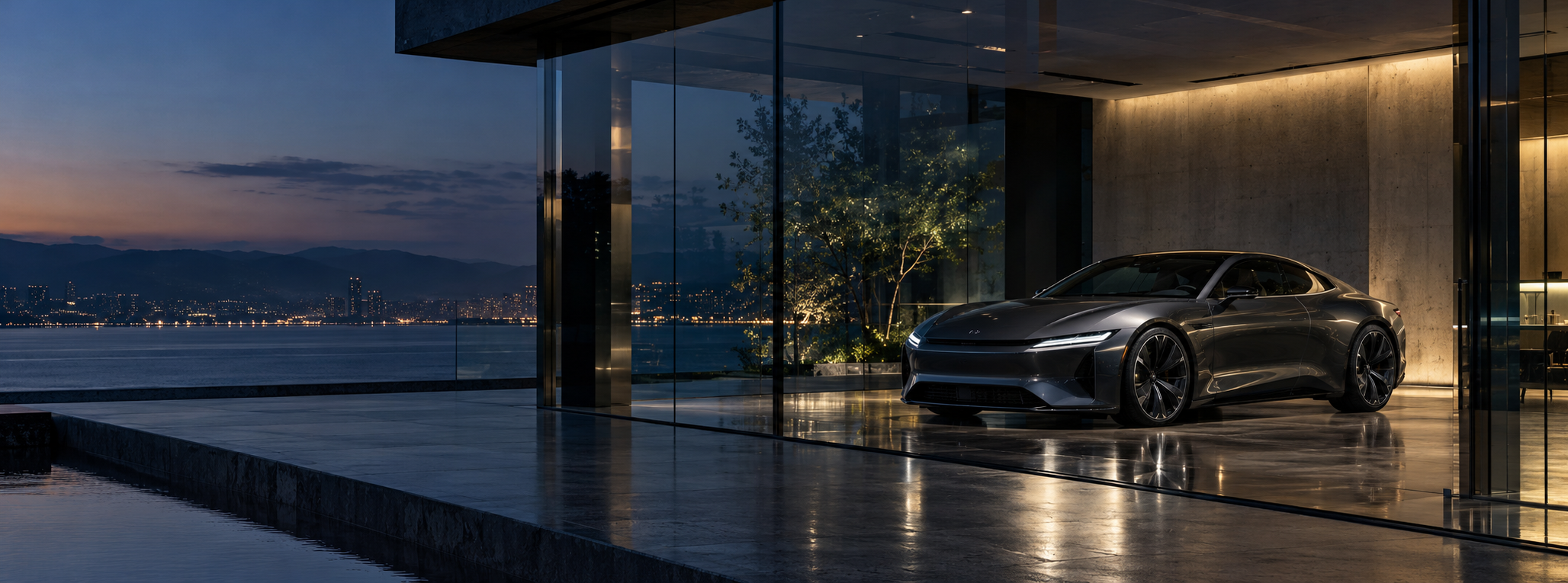 Fiktives modernes Autohaus mit Coupé